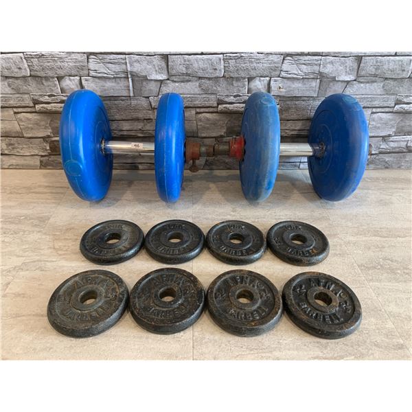 Lot of Weights Plus 2 Barbells 4 York 4.5 Kg Weights 8 - 2.1/2 Lbs Weights