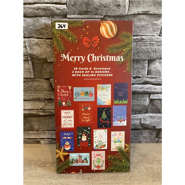 Merry Christmas 28 Cards & Envelopes 2 Each of 14 Designs With Sealing Stickers