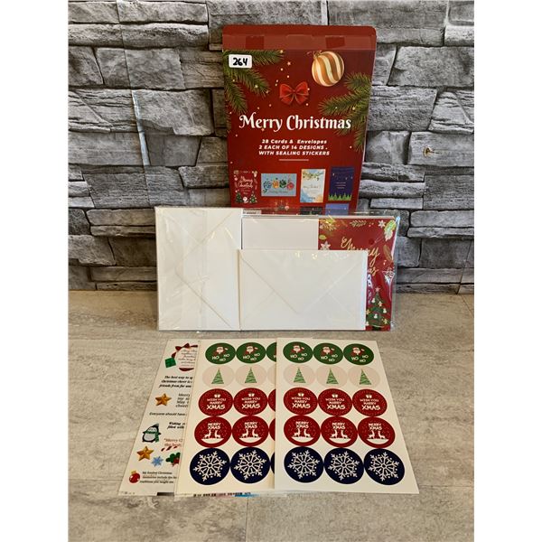 Merry Christmas 28 Cards & Envelopes 2 Each of 14 Designs With Sealing Stickers
