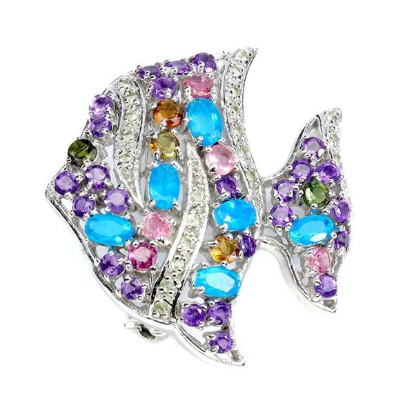 Natural Ethopian Blue Opal & Multi Gems Fish Brooch