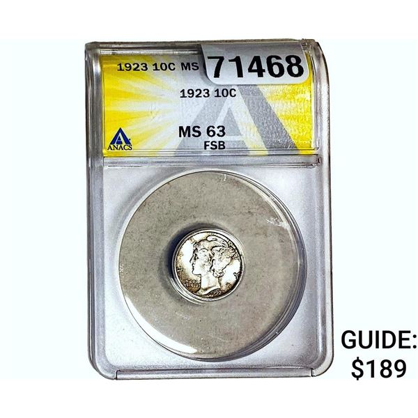 1923 Mercury Silver Dime ANACS MS63 FSB
