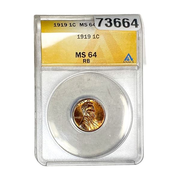 1919 Wheat Cent ANACS MS64 RB