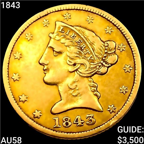 1843 $5 Gold Half Eagle CHOICE AU