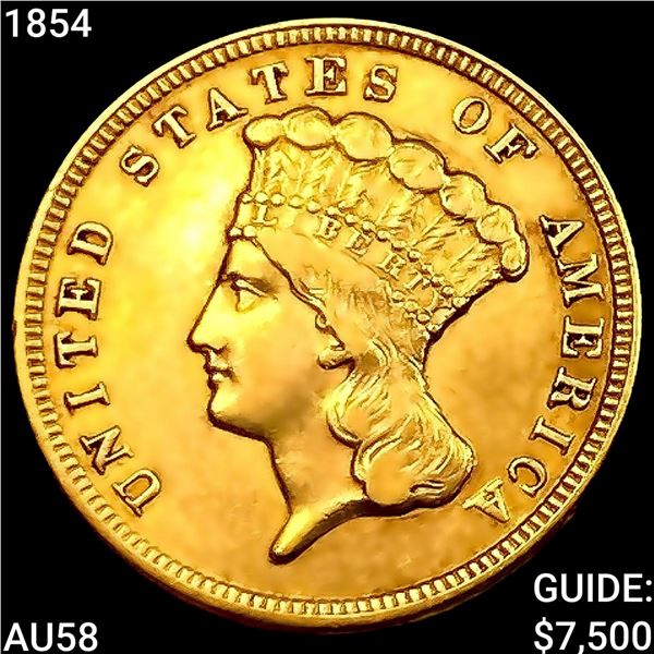 1854 $3 Gold Piece CHOICE AU