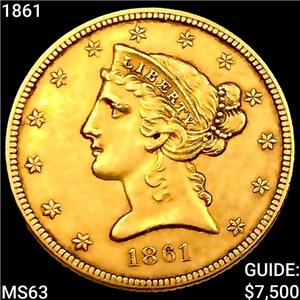 1861 $5 Gold Half Eagle CHOICE BU