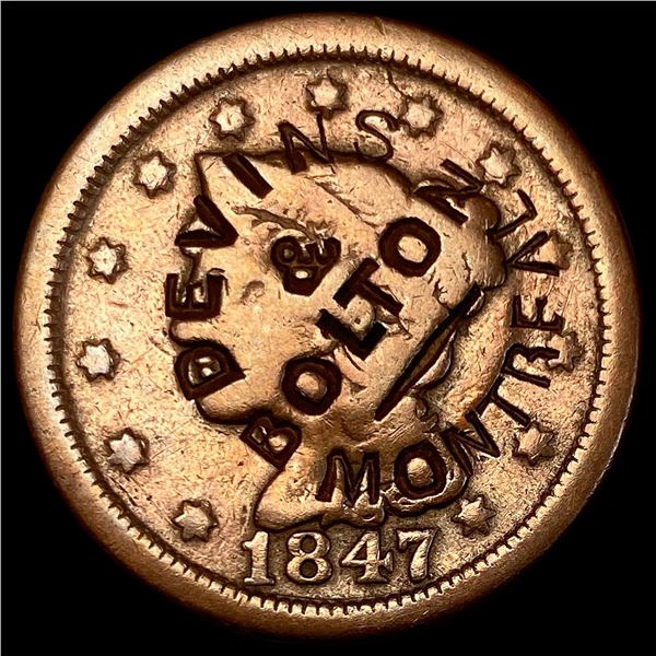 1847 Large Cent Devins & Bolton Counterstamp HIGH GRADE