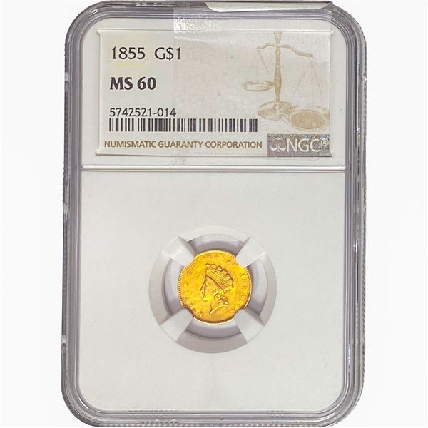 1855 Rare Gold Dollar NGC MS60