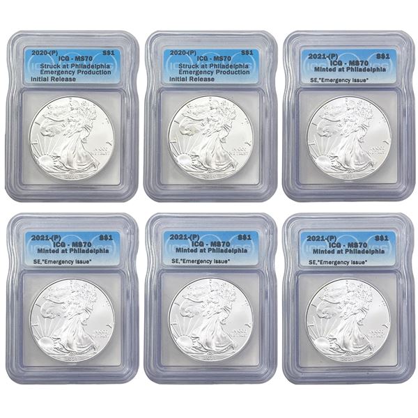 2020-2021 [6] American Silver Eagles Struck at Philadelphia Emergency Prod. ICG MS70