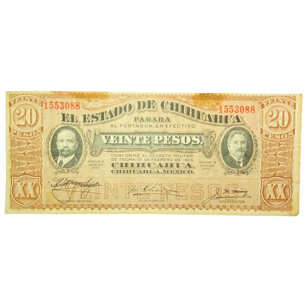 1915 Chihuahua Bank Note 20 Pesos