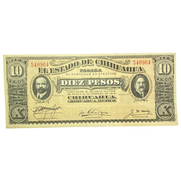 1914 Chihuahua Bank Note 10 Pesos