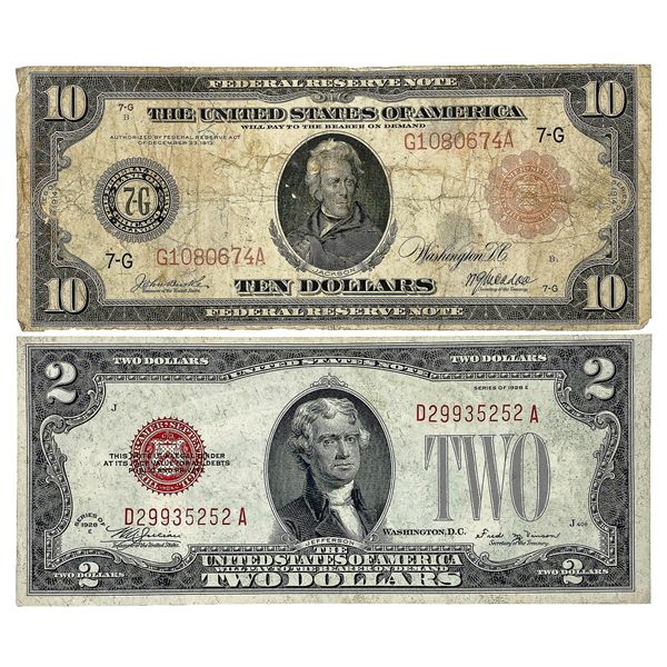 1914-1928 [2] $10 & $2 Federal Reserve Note Red Seal