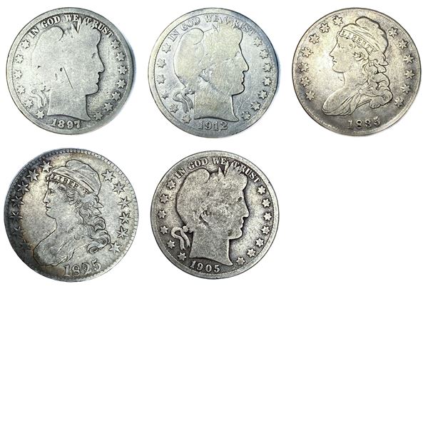 [5 Coins] 1825-1912 Capped Bust & Barber Coins