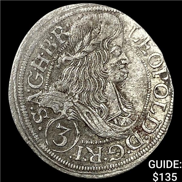 Hungary Leopold SIlver 3 Kreuzer CLOSELY UNCIRCULATED