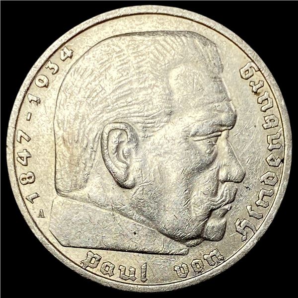 1936-A Germany Silver 5 Reichsmark CLOSELY UNCIRCULATED