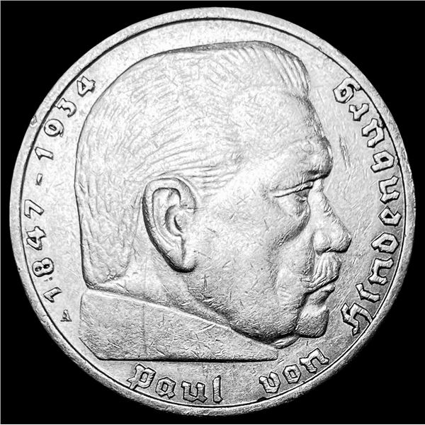 1938-A Germany Silver 5 Reichsmark CLOSELY UNCIRCULATED
