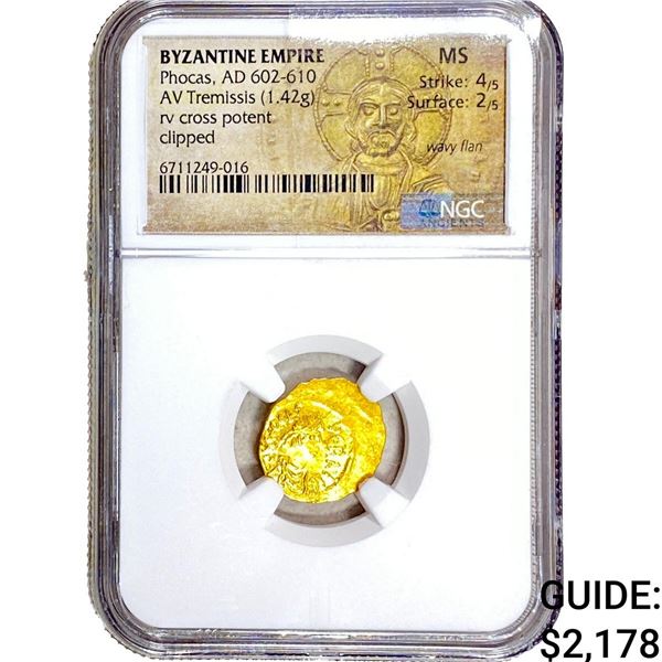 Byzantine Phocas 602-610 AD Gold Tremissis NGC MS