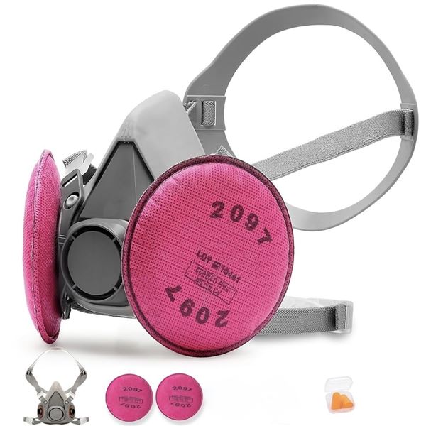 1 Reusable Half-Face Respirator Mask with Filters for Protecting Against Dust/Fumes - New