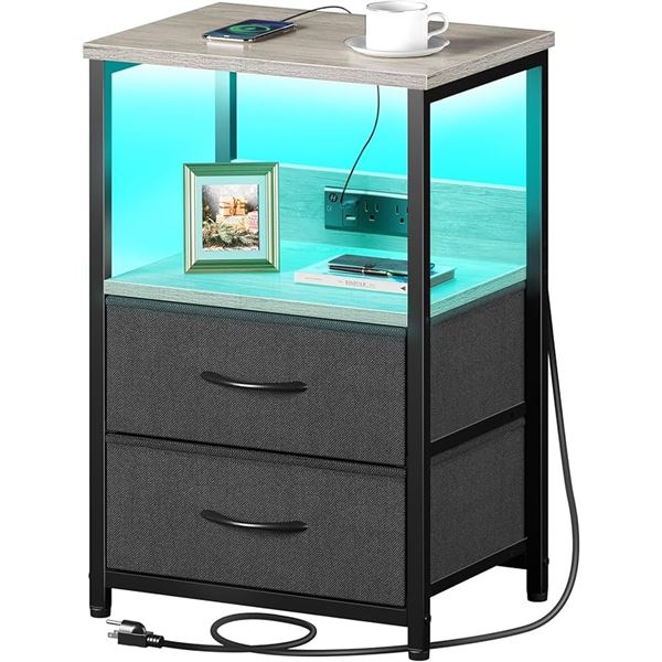 1 Bedside Table/Nightstand with Charging Station & LED Lights; 2-Drawer End Table - New