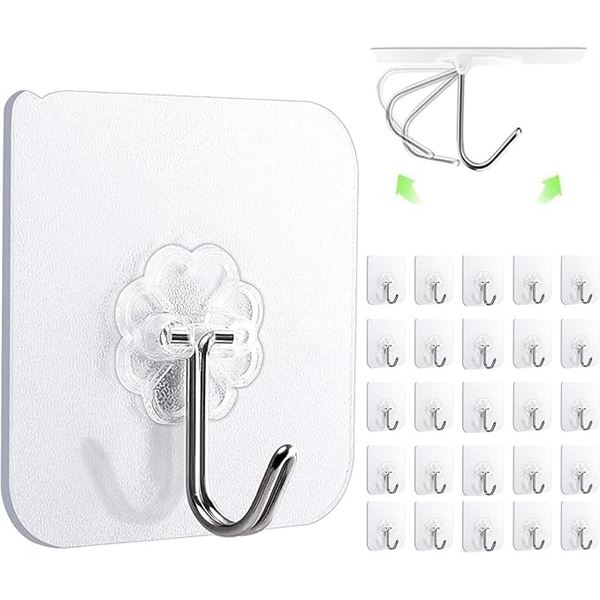 4 Boxes of Transparent Multi-Purpose Adhesive Wall Hooks (15 Hooks Per Pack) - New