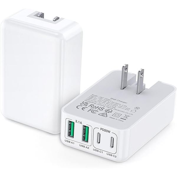 2-Pack of Flat USB-C Fast 40W Wall Chargers (4-Port) Slim Type Charging Blocks - New