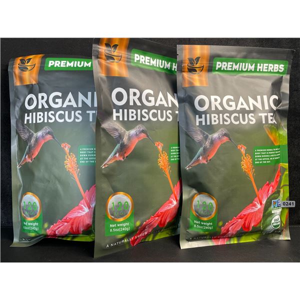 3 Bags of Premium Herbs Organic Hibiscus Herbal Tea - 120 Tea Bags Each - New (Exp: 02/2026)