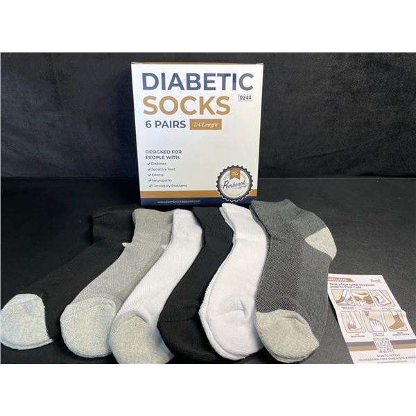 6-Pairs of Pembrook Diabetic Socks (1/4 Length) Designed for People with Diabetes, Edema, etc. New