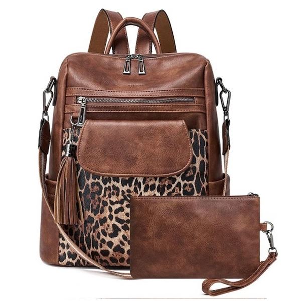 1 Women's Leather Backpack/Purse with Wristlet - Brown/Leopard Print Design - New