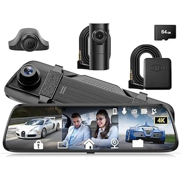 1 Mirror Dash Cam; 12" Rear View Mirror 4K Dash Cam/Full Touch-Screen; 64GB Card - New Sealed!