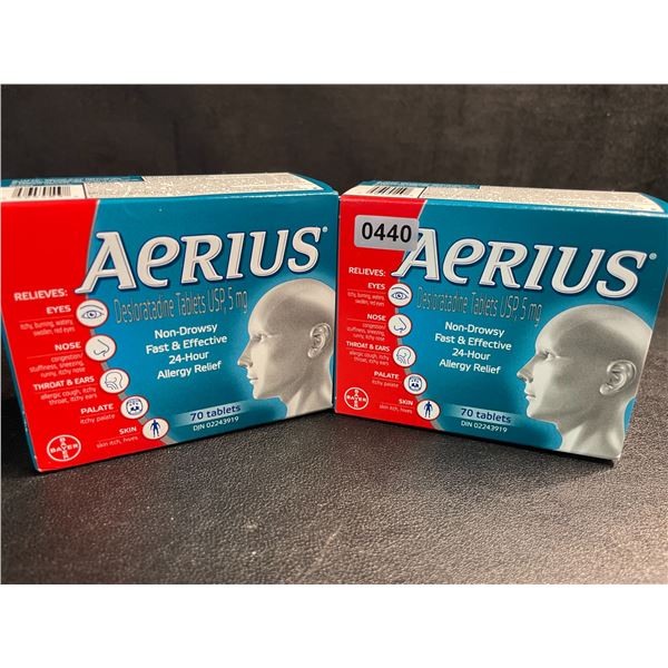 2 Boxes of AERIUS Allergy Relief Tablets - 70 Tablets Each - Non-Drowsy/Fast & Effective - New