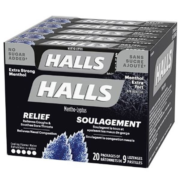 20-Packs of HALLS Mentho-Lyptus Extra Strong Menthol Cough Drops (9 Per Pack) - New Sealed