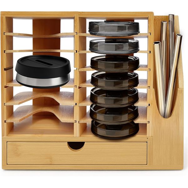 1 Indybe Bamboo Tumbler Lid Organizer - Storage Rack with Straw Holder - Open Box