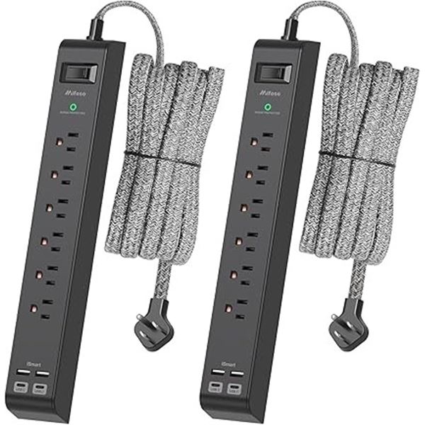 2-Pack of Mifaso Power Bars/Surge Protector with 6-Outlets/4-USB Ports/Braided Cord - New
