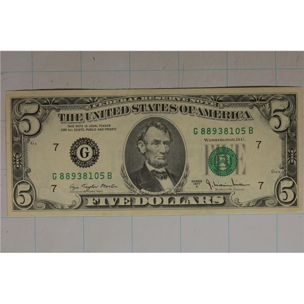 1977-A US $5 FRN GREEN SEAL NOTE CRISP UNC