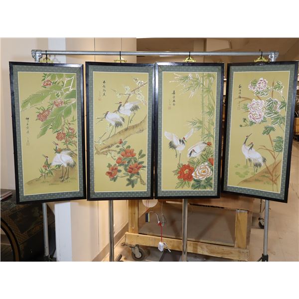SERIE DE 4 PEINTURES ASIATIQUE GRUE ET FLEURS 35"x17.5" ch