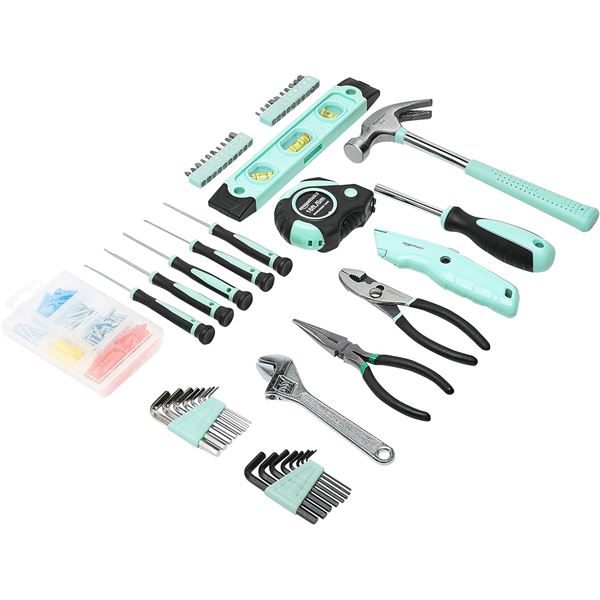 Amazon Basics Household Tool Set with Storage Box, 150-Piece, Turquoise Retail $45