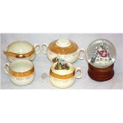 Box Lot of 22K Plated Dishes, Music Snow Globe