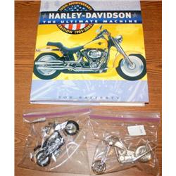 Harley Davidson Book and 2 Model Bikes