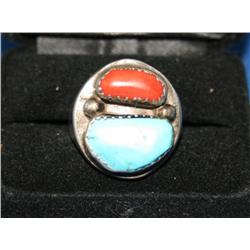925 Sterling Navajo Ring With Turquoise  & Coral