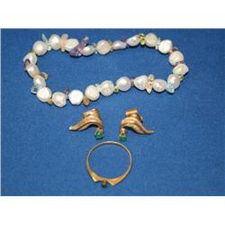 Emerald Ring, Pearl Bracelet & Emerald Earrings