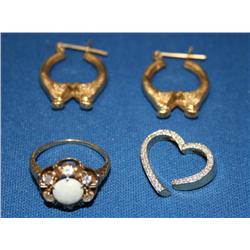Diamond Heart Pendant, Opal Ring & Gold Earrings