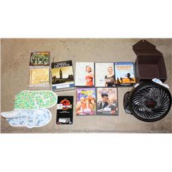 Misc Box Lot of Cds, DVDs, Fan, CD Case, Med Shoes