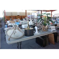 Table Lot Of Light Fixtures, Printers, Plantg