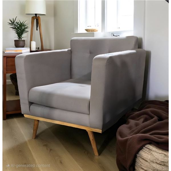 Contemporary Upholstered Light Grey Tufted Armchair - R.V. $475 (Light Removable Stains on the Fabri