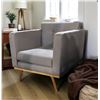 Image 1 : Contemporary Upholstered Light Grey Tufted Armchair - R.V. $475 (Light Removable Stains on the Fabri