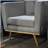 Image 2 : Contemporary Upholstered Light Grey Tufted Armchair - R.V. $475 (Light Removable Stains on the Fabri