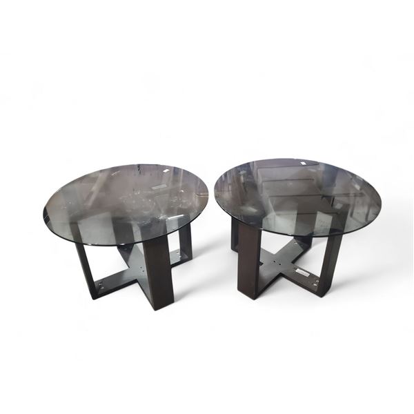 Group of 2 Glass/Smoke Brown Oak Corner Table Retail - $500