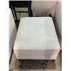 Image 2 : Light Beige Upholstered Ottoman with Wood Legs – H15.5" x W26" x D22"