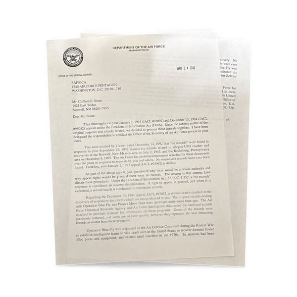 OFFICIAL DOCUMENT: FOIA Correspondence Between Clifford E. Stone & Walter A. Wilson