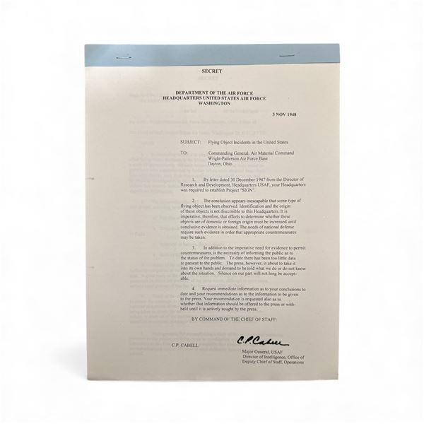 OFFICIAL DOCUMENT: Major General USAF Director of Intelligence C.P. Cabell Reports - 1948 - 4 Pages