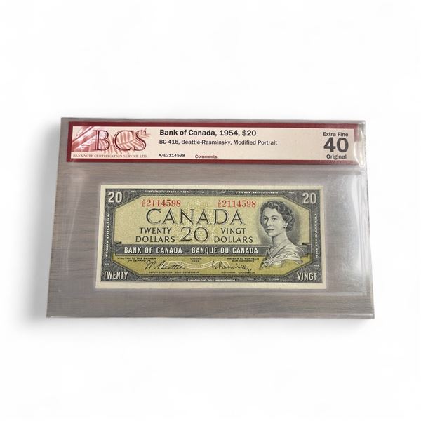 Graded 1954 Canadian $20 Bank Note - Grade 40 Extra Fine - BC-41b, Beattie-Raminsky, Modified Portra